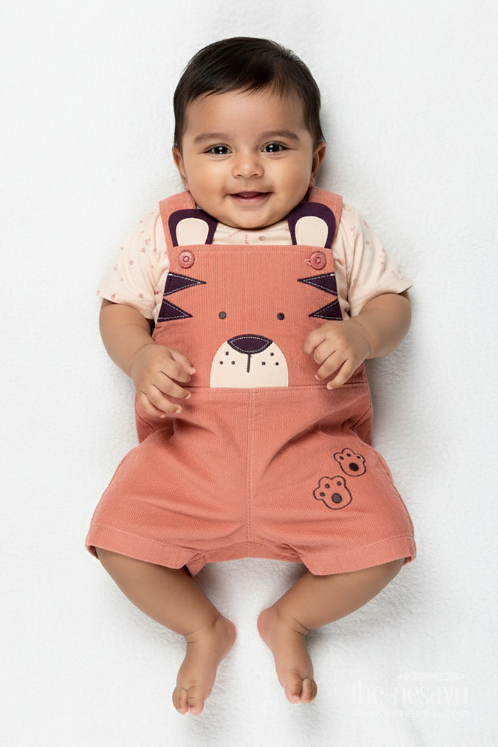 Baby Boy Dungaree Set with Animal Face Embroidery and Printed Beige Tee in Soft Corduroy Finish