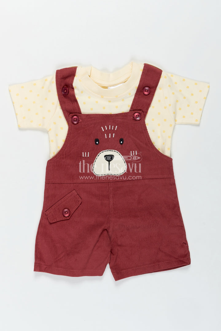 Playful Toddler Dress with Bear Face Embroidered Dungarees and Yellow Polka Dot Tee for Boys