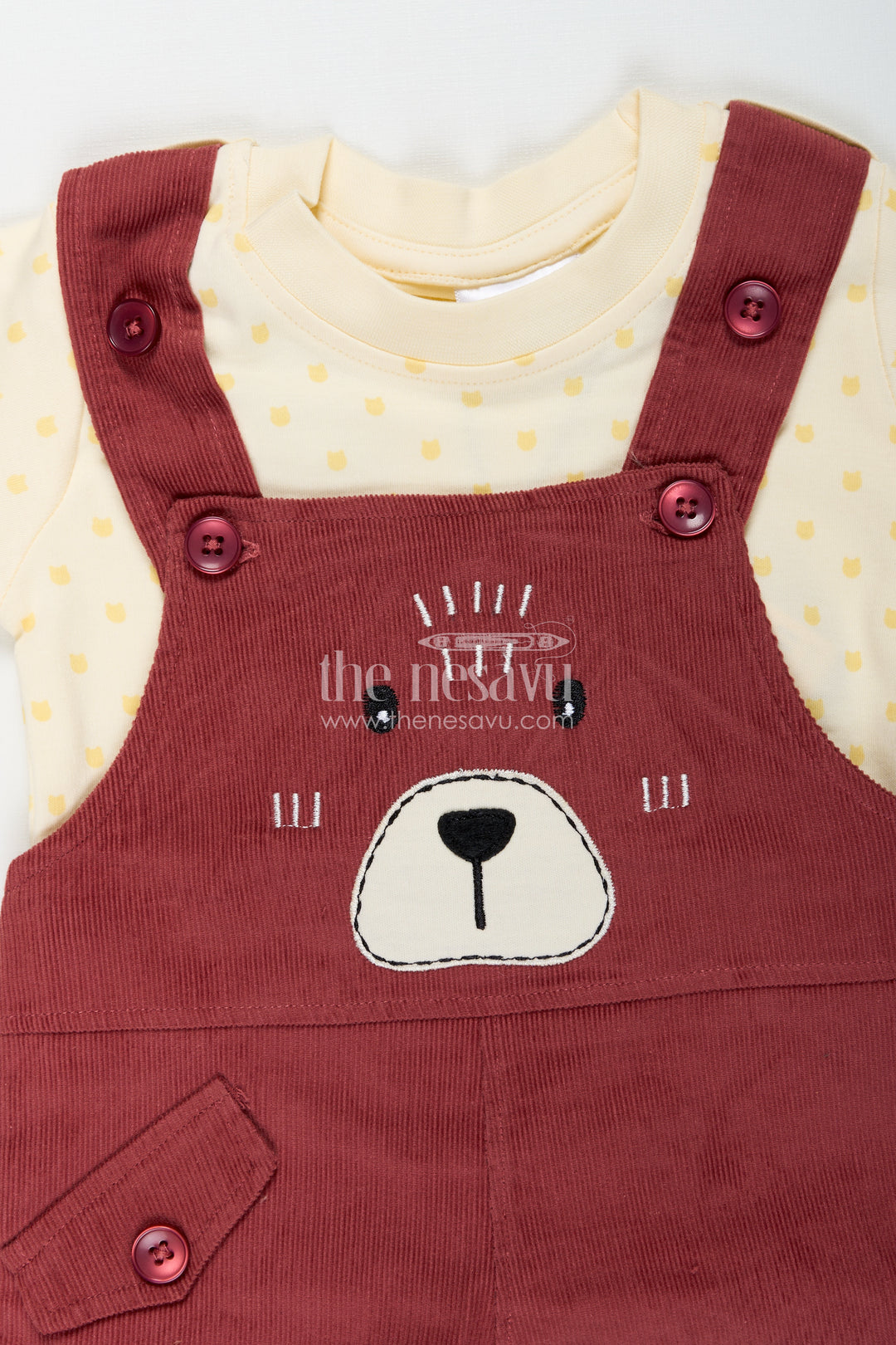 Playful Toddler Dress with Bear Face Embroidered Dungarees and Yellow Polka Dot Tee for Boys