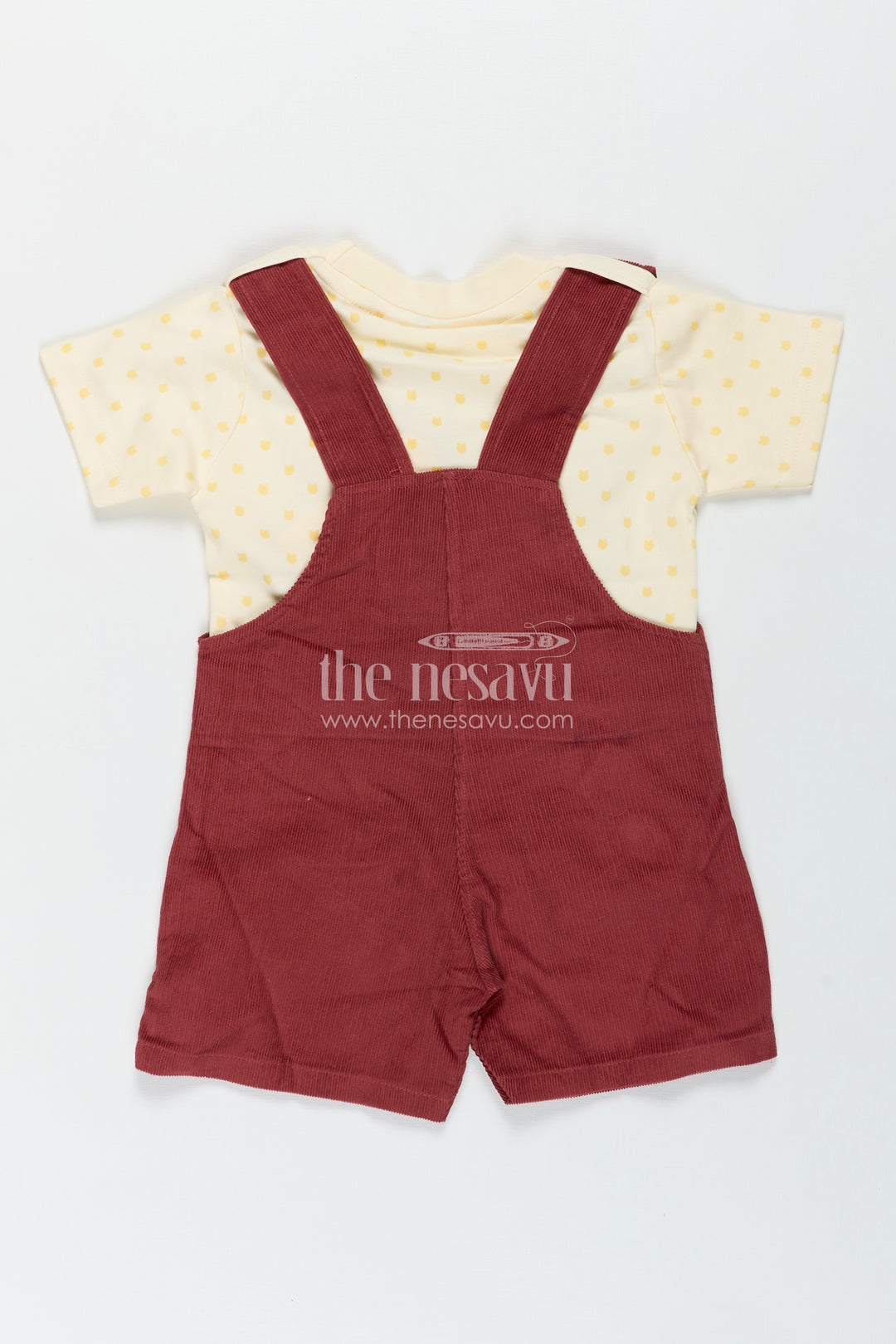 Playful Toddler Dress with Bear Face Embroidered Dungarees and Yellow Polka Dot Tee for Boys