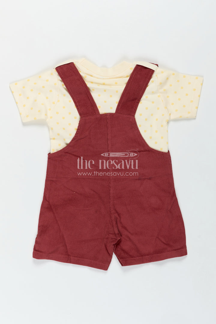Playful Toddler Dress with Bear Face Embroidered Dungarees and Yellow Polka Dot Tee for Boys