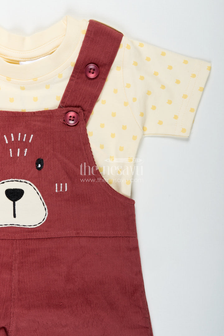 Playful Toddler Dress with Bear Face Embroidered Dungarees and Yellow Polka Dot Tee for Boys