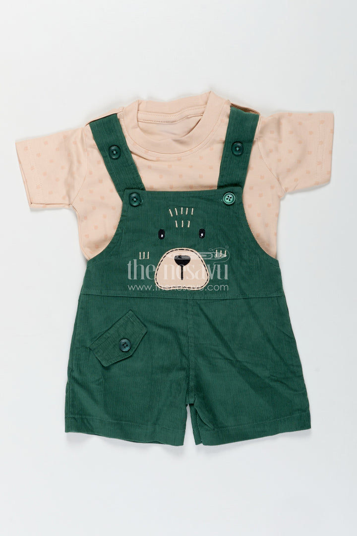 Green Dungaree Set for Babies with Bear Face Embroidery and Beige Printed Tee in Corduroy Finish