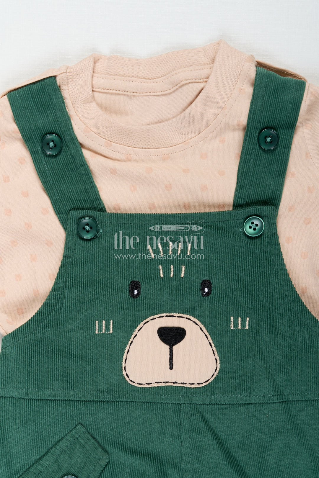 Green Dungaree Set for Babies with Bear Face Embroidery and Beige Printed Tee in Corduroy Finish