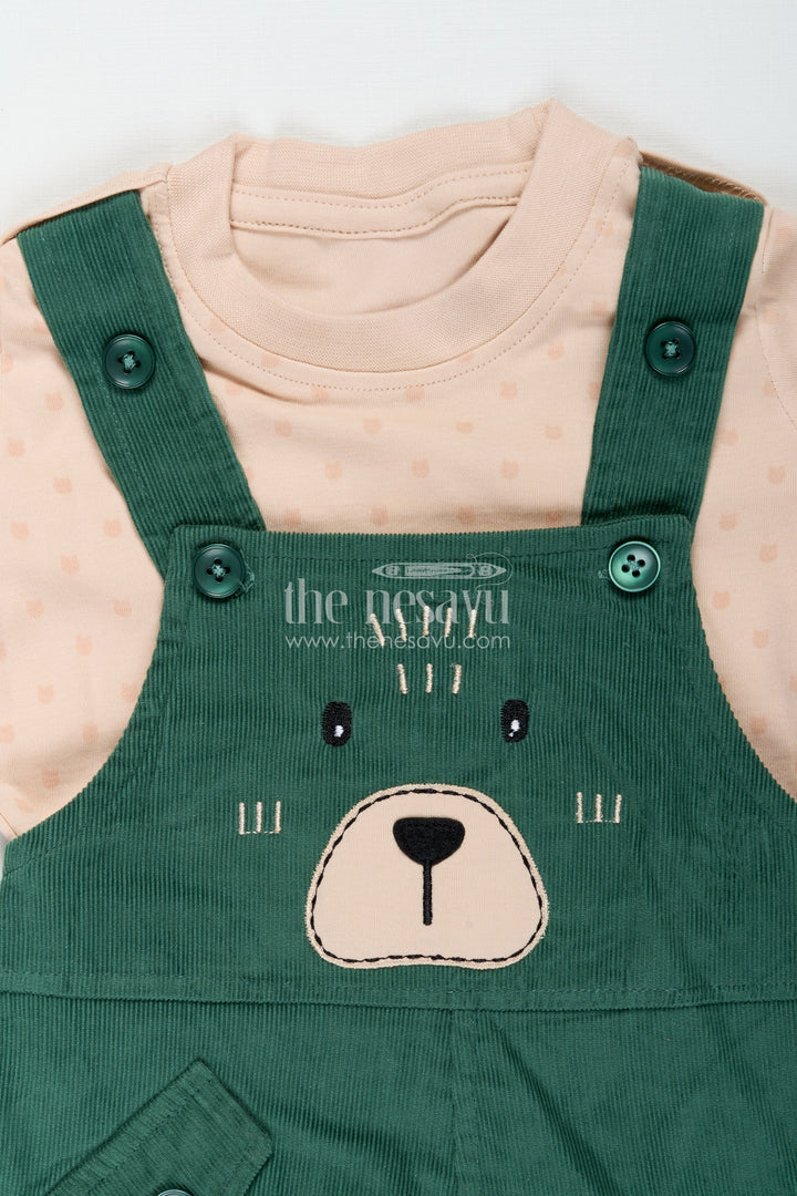 Green Dungaree Set for Babies with Bear Face Embroidery and Beige Printed Tee in Corduroy Finish