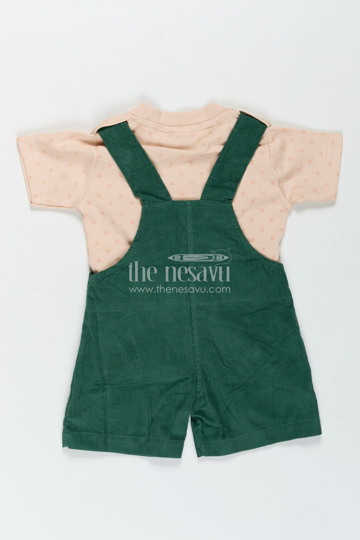 Green Dungaree Set for Babies with Bear Face Embroidery and Beige Printed Tee in Corduroy Finish