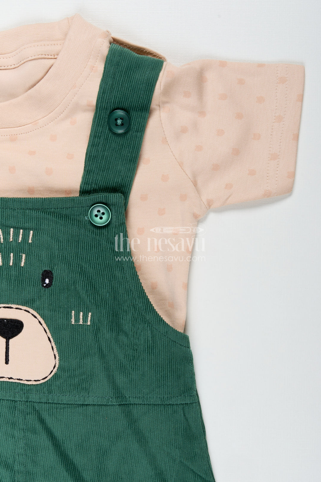 Green Dungaree Set for Babies with Bear Face Embroidery and Beige Printed Tee in Corduroy Finish