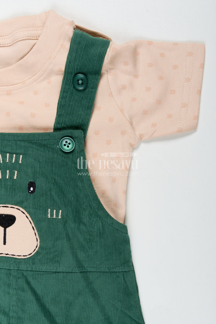 Green Dungaree Set for Babies with Bear Face Embroidery and Beige Printed Tee in Corduroy Finish