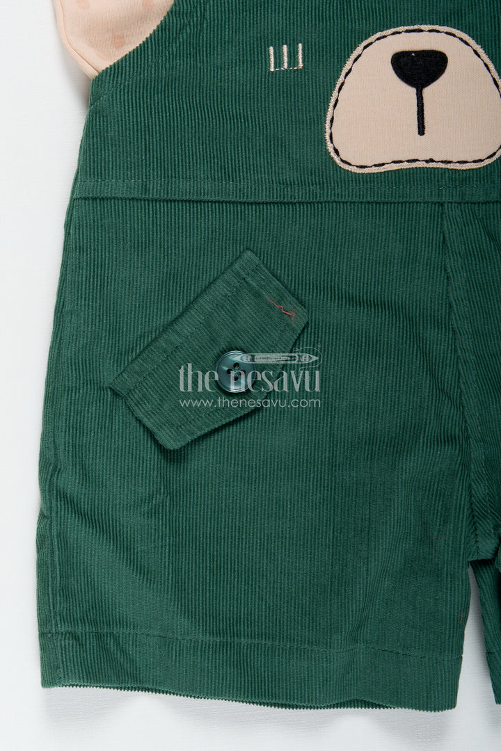Green Dungaree Set for Babies with Bear Face Embroidery and Beige Printed Tee in Corduroy Finish
