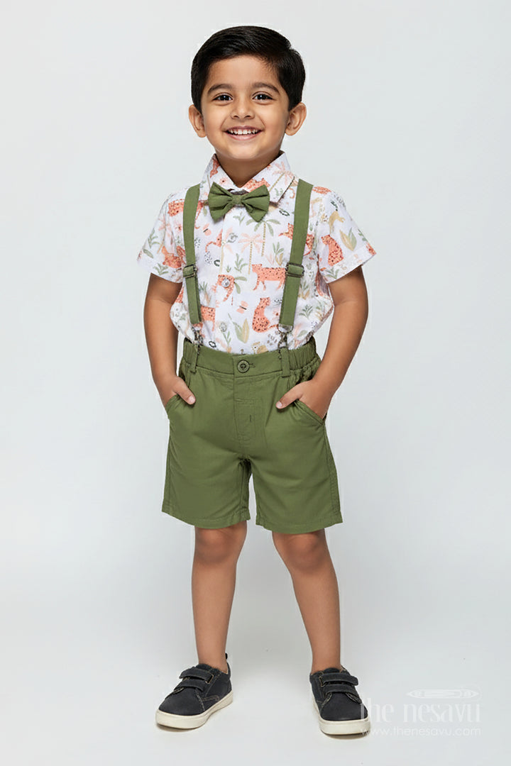 Animal Print Baby Boy Shirt with Olive Green Shorts and Matching Bow Tie for Smart Daywear