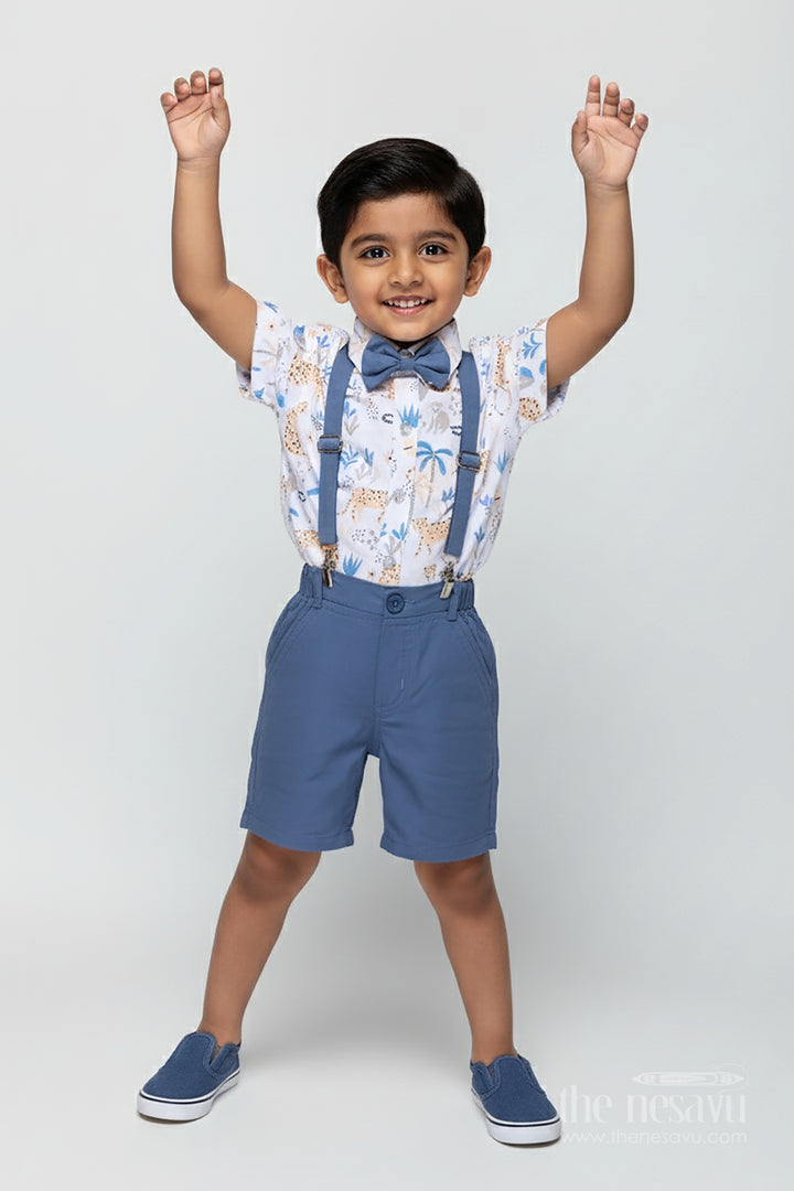 Baby Boy Stylish Summer Look with Blue Animal Print Shirt and Grey Shorts with Suspenders