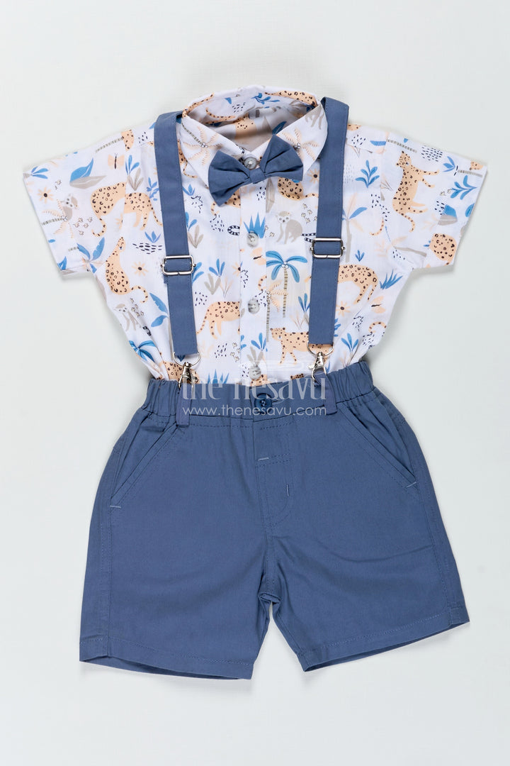 Baby Boy Stylish Summer Look with Blue Animal Print Shirt and Grey Shorts with Suspenders