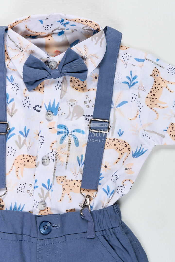Baby Boy Stylish Summer Look with Blue Animal Print Shirt and Grey Shorts with Suspenders