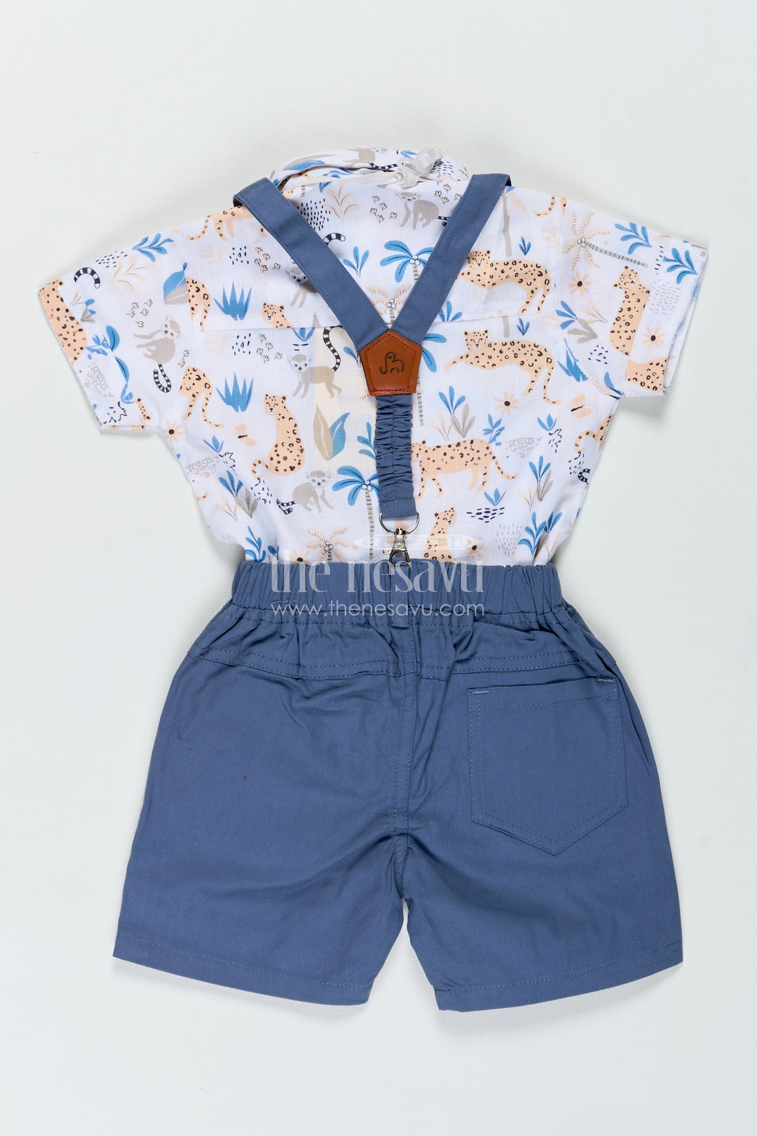 Baby Boy Stylish Summer Look with Blue Animal Print Shirt and Grey Shorts with Suspenders