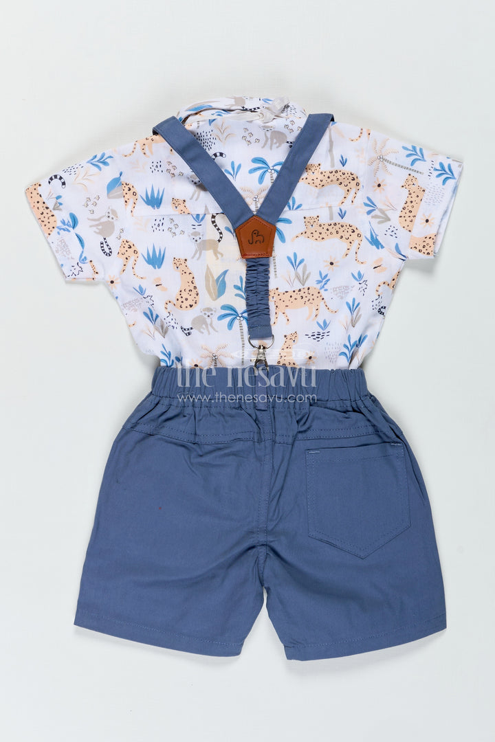 Baby Boy Stylish Summer Look with Blue Animal Print Shirt and Grey Shorts with Suspenders