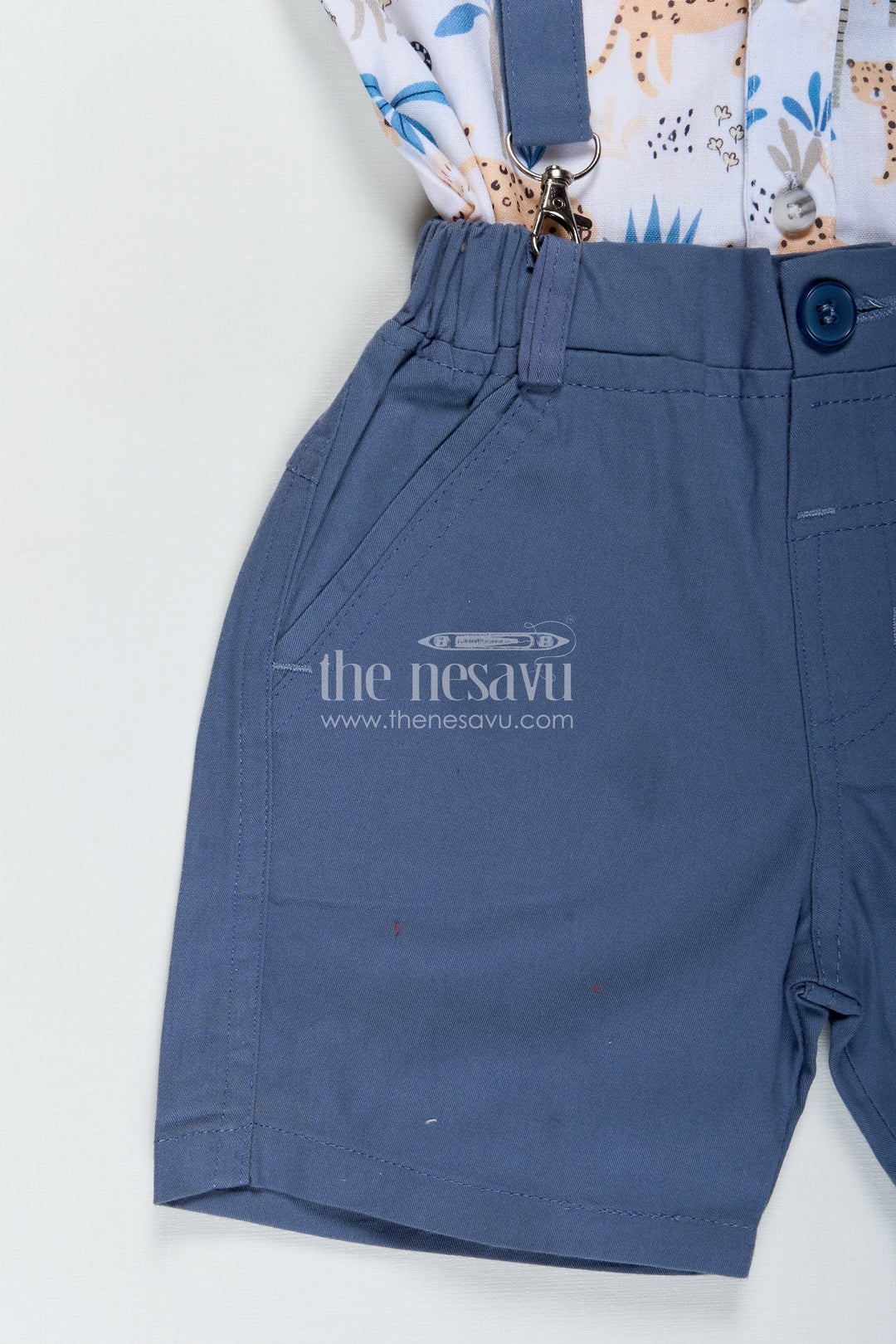 Baby Boy Stylish Summer Look with Blue Animal Print Shirt and Grey Shorts with Suspenders