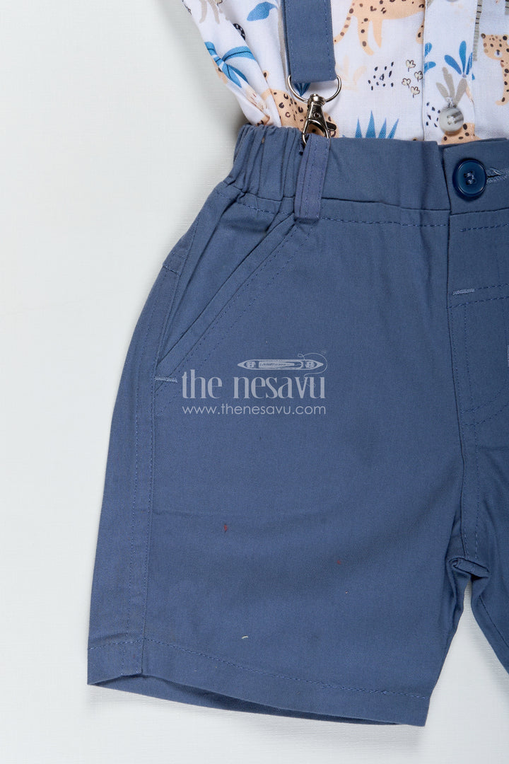 Baby Boy Stylish Summer Look with Blue Animal Print Shirt and Grey Shorts with Suspenders