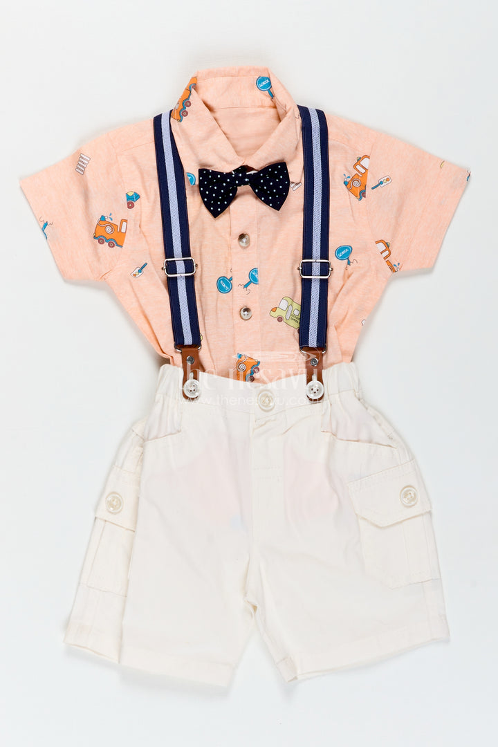 Baby Boy Peach Shirt Set with Fun Vehicle Prints and Off White Cargo Shorts for Day Out Style