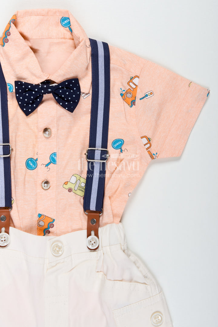 Baby Boy Peach Shirt Set with Fun Vehicle Prints and Off White Cargo Shorts for Day Out Style