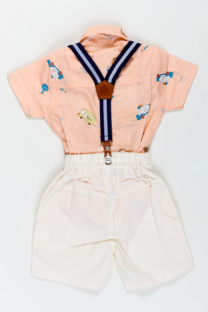 Baby Boy Peach Shirt Set with Fun Vehicle Prints and Off White Cargo Shorts for Day Out Style