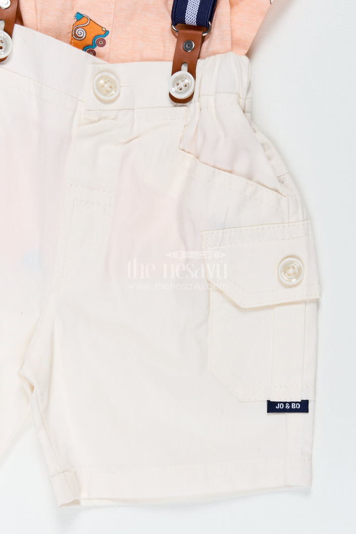 Baby Boy Peach Shirt Set with Fun Vehicle Prints and Off White Cargo Shorts for Day Out Style