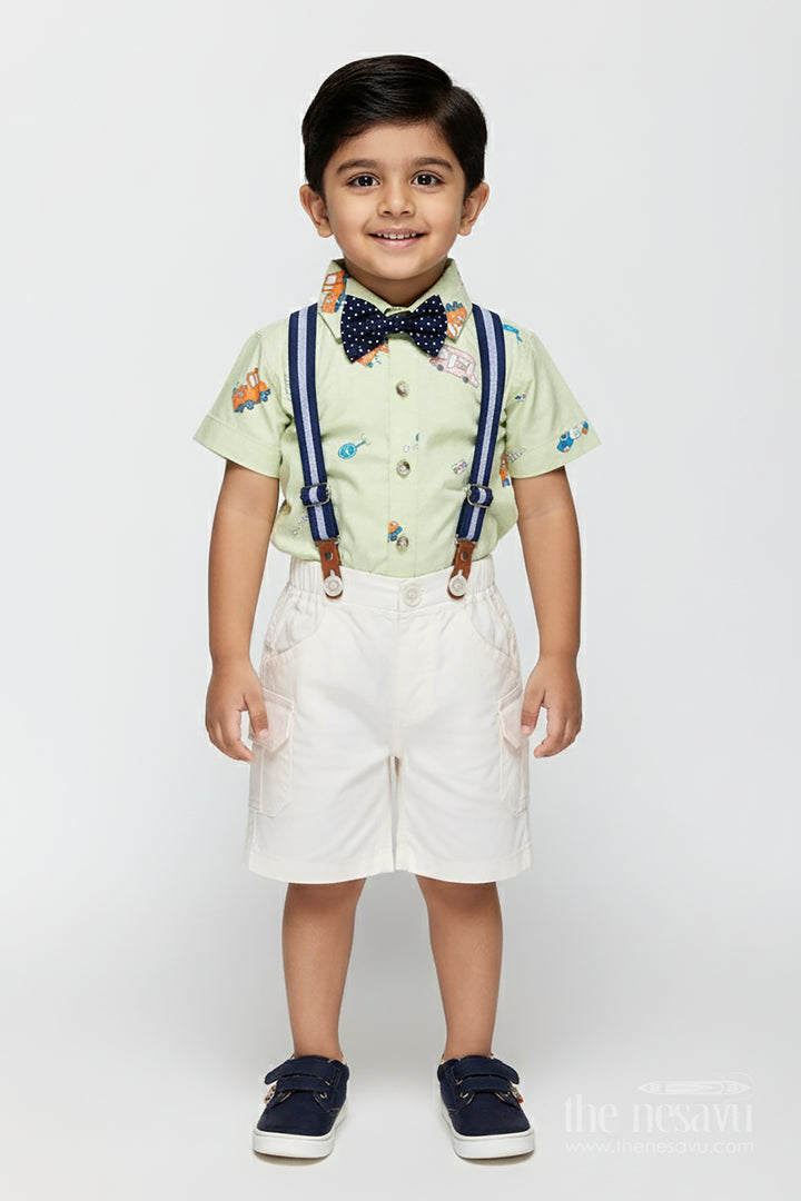 Baby Boy Light Green Outfit with Cartoon Vehicle Print and Cream Shorts Featuring Suspenders