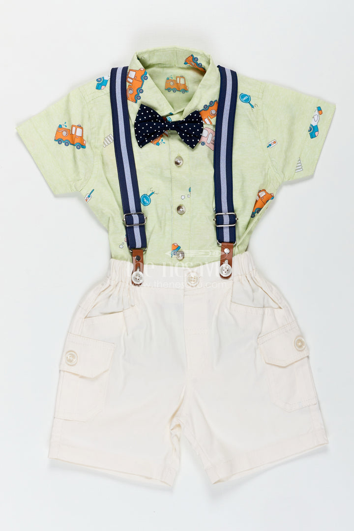 Baby Boy Light Green Outfit with Cartoon Vehicle Print and Cream Shorts Featuring Suspenders