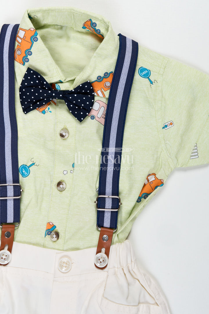 Baby Boy Light Green Outfit with Cartoon Vehicle Print and Cream Shorts Featuring Suspenders