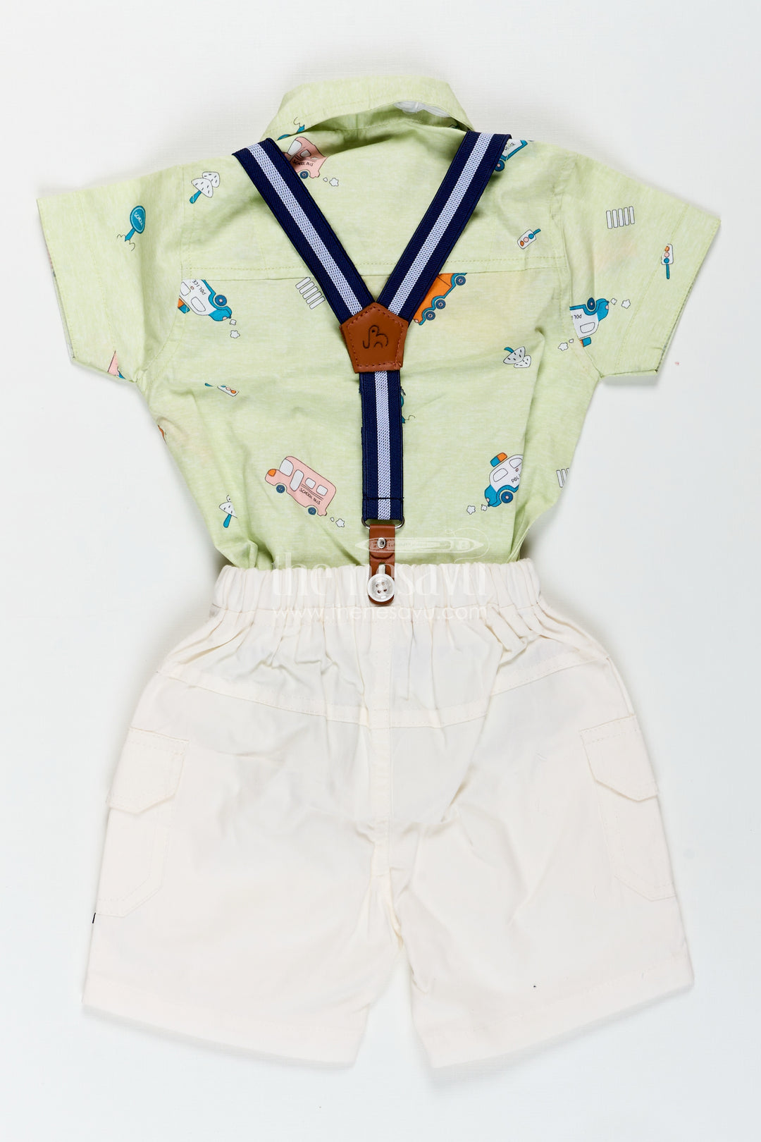 Baby Boy Light Green Outfit with Cartoon Vehicle Print and Cream Shorts Featuring Suspenders