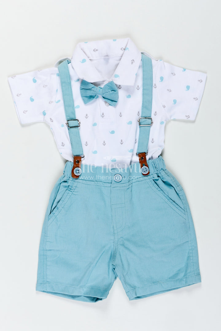 Boys Dress Set with Bow Tie in Mint Green Shorts and Nautical Print Polo for Smart Casual Wear