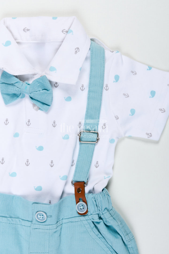 Boys Dress Set with Bow Tie in Mint Green Shorts and Nautical Print Polo for Smart Casual Wear