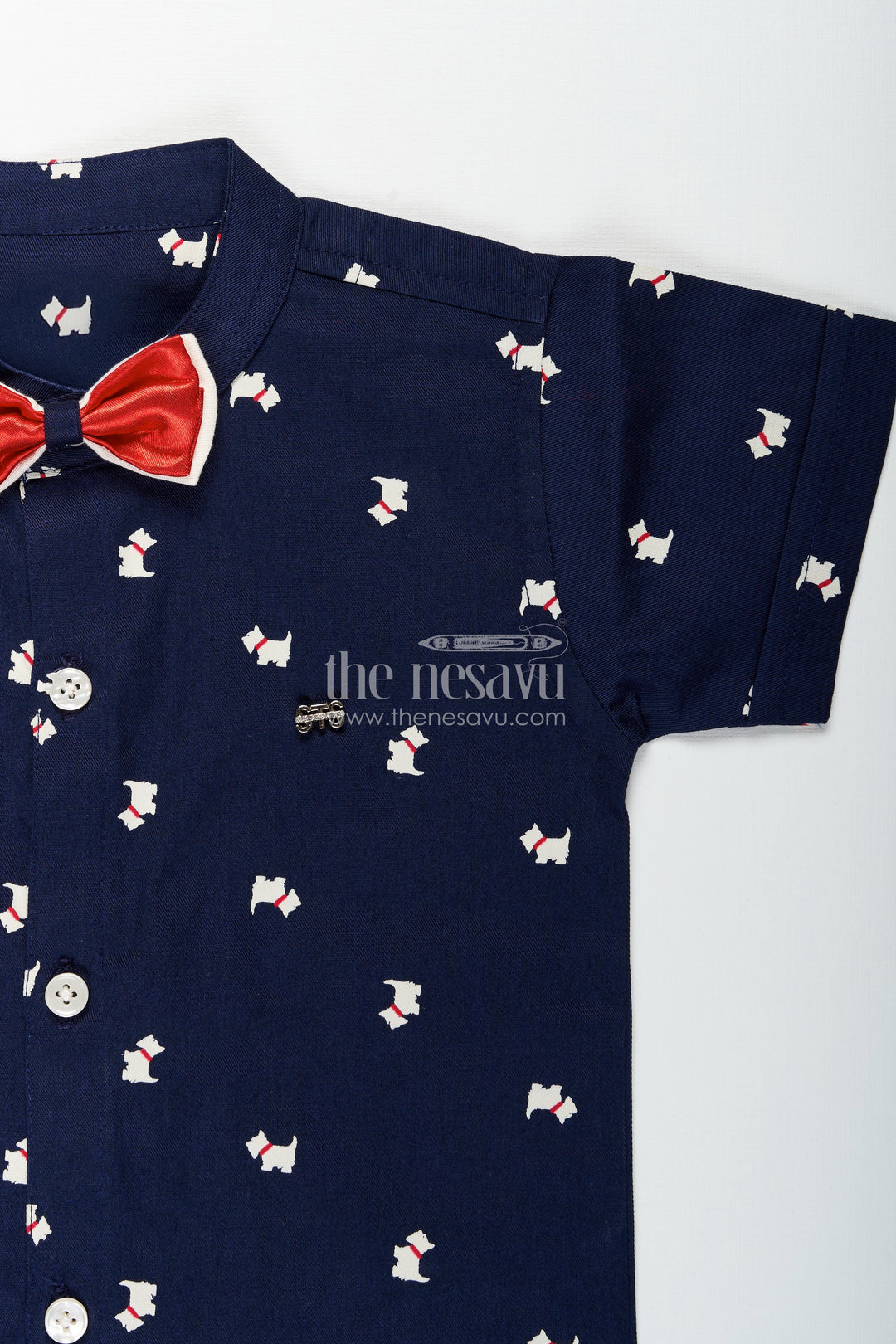 Boys printed navy shirt and shorts set with bowtie detail