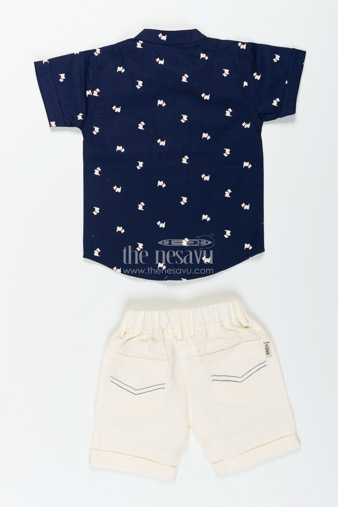 Boys printed navy shirt and shorts set with bowtie detail