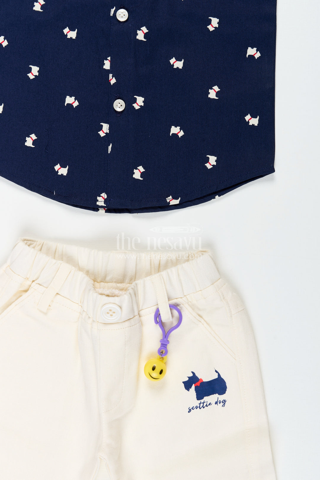 Boys printed navy shirt and shorts set with bowtie detail
