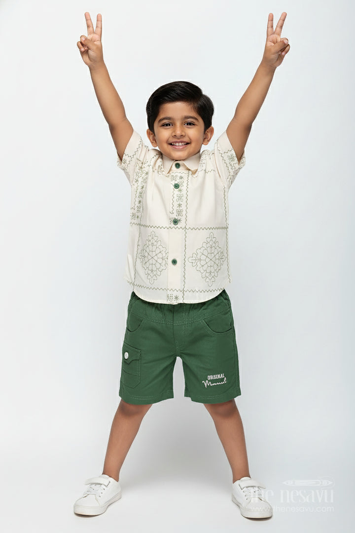 Boys Embroidered Cotton Shirt and Green Shorts Set for Casual Wear