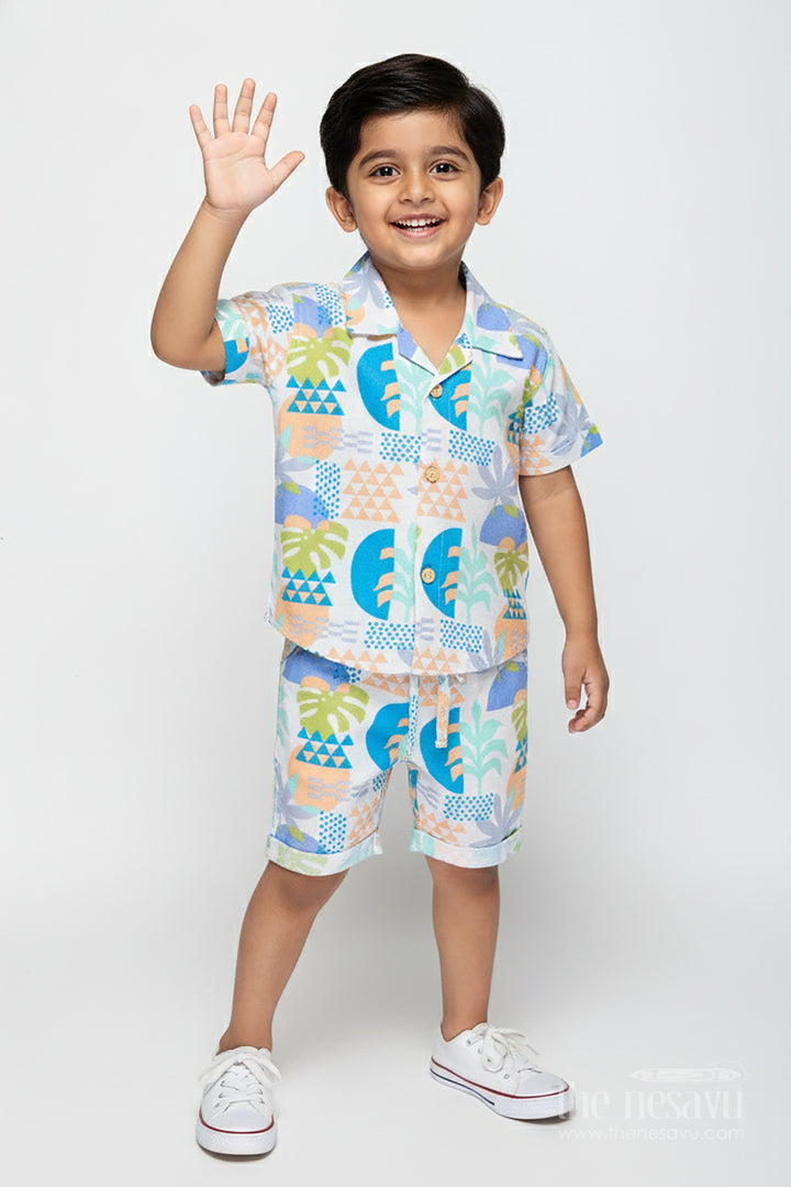 Boys Multicolor Geometric Print Cotton Shirt and Shorts Set