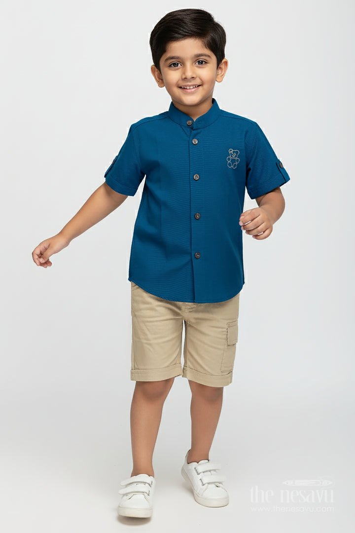 Boys Navy Blue Cotton Shirt with Olive Shorts Set