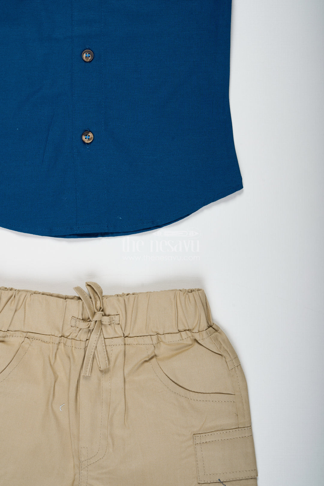 Boys Navy Blue Cotton Shirt With Olive Shorts Set