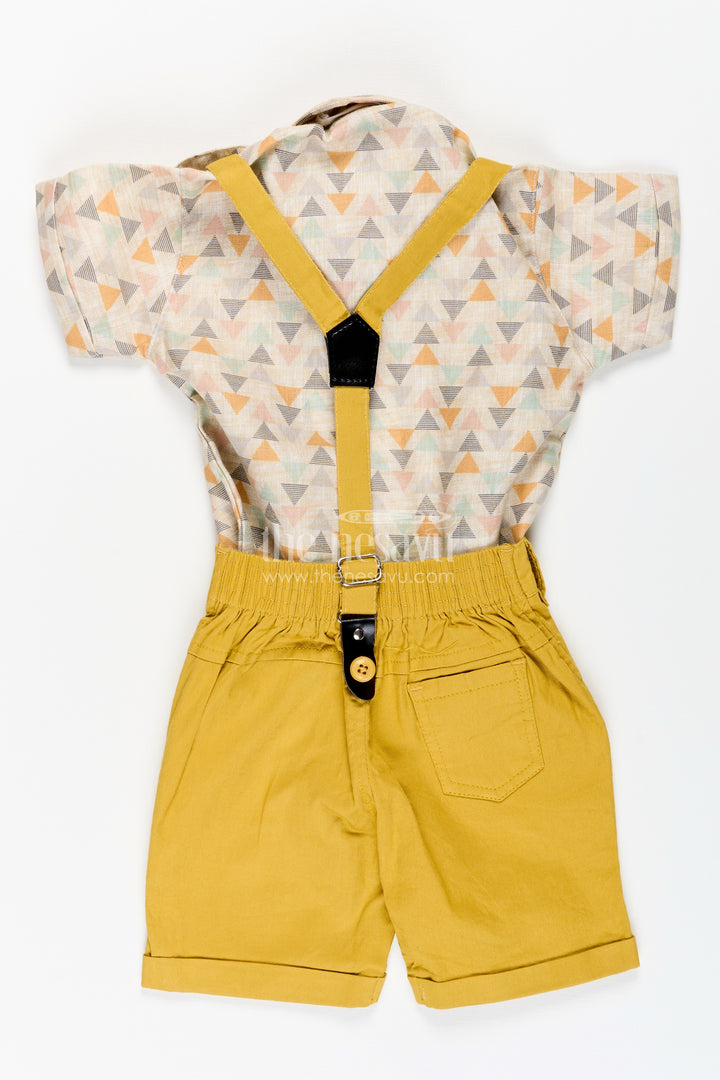 Toddler boys geometric print shirt and mustard shorts set with cap and suspenders