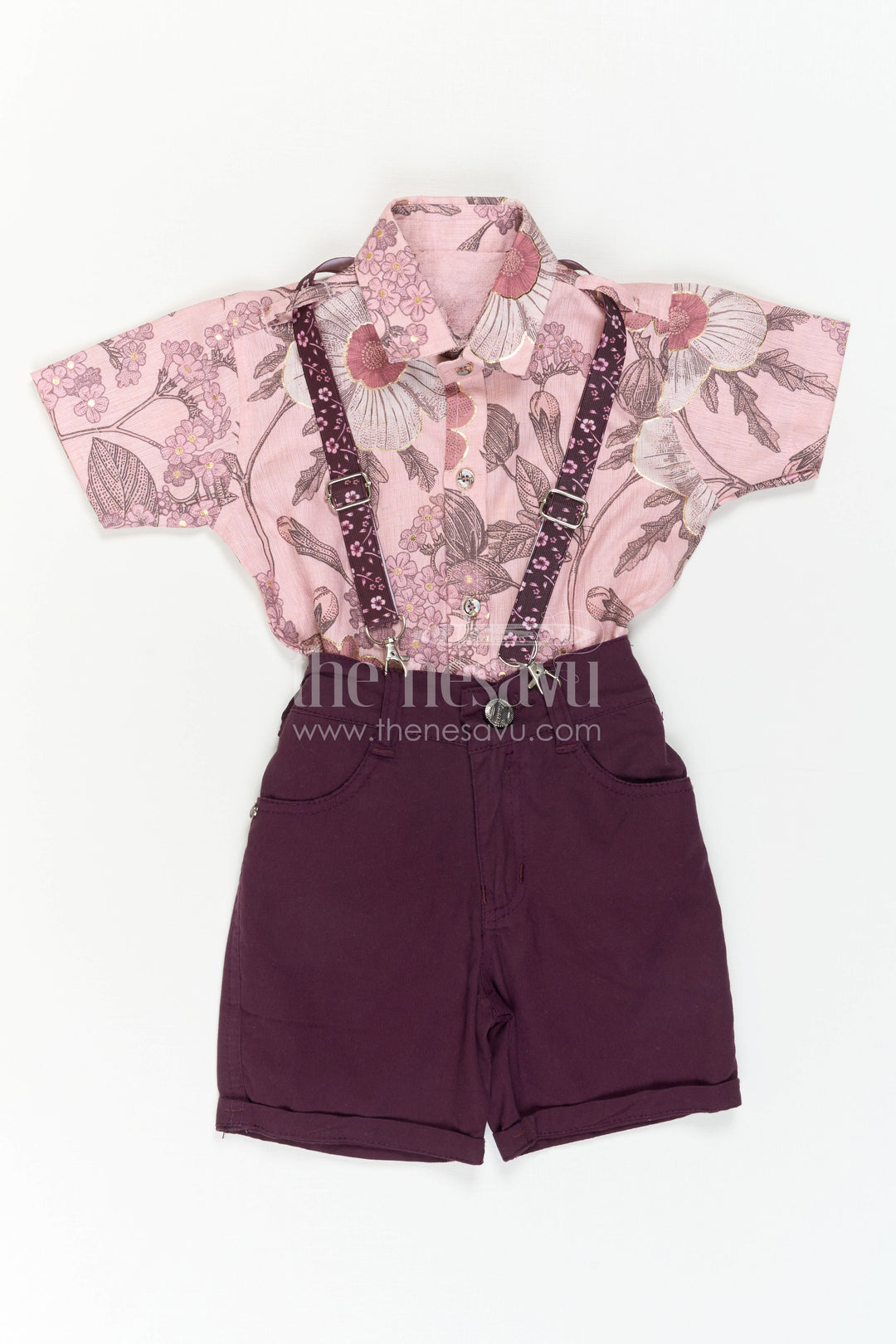 Boys Floral Digital Print Shirt with Shorts and Suspenders for Celebrations
