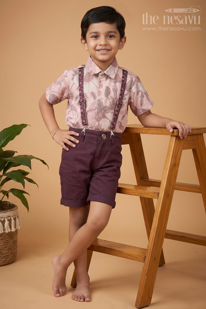 Boys Floral Digital Print Shirt with Shorts and Suspenders for Celebrations