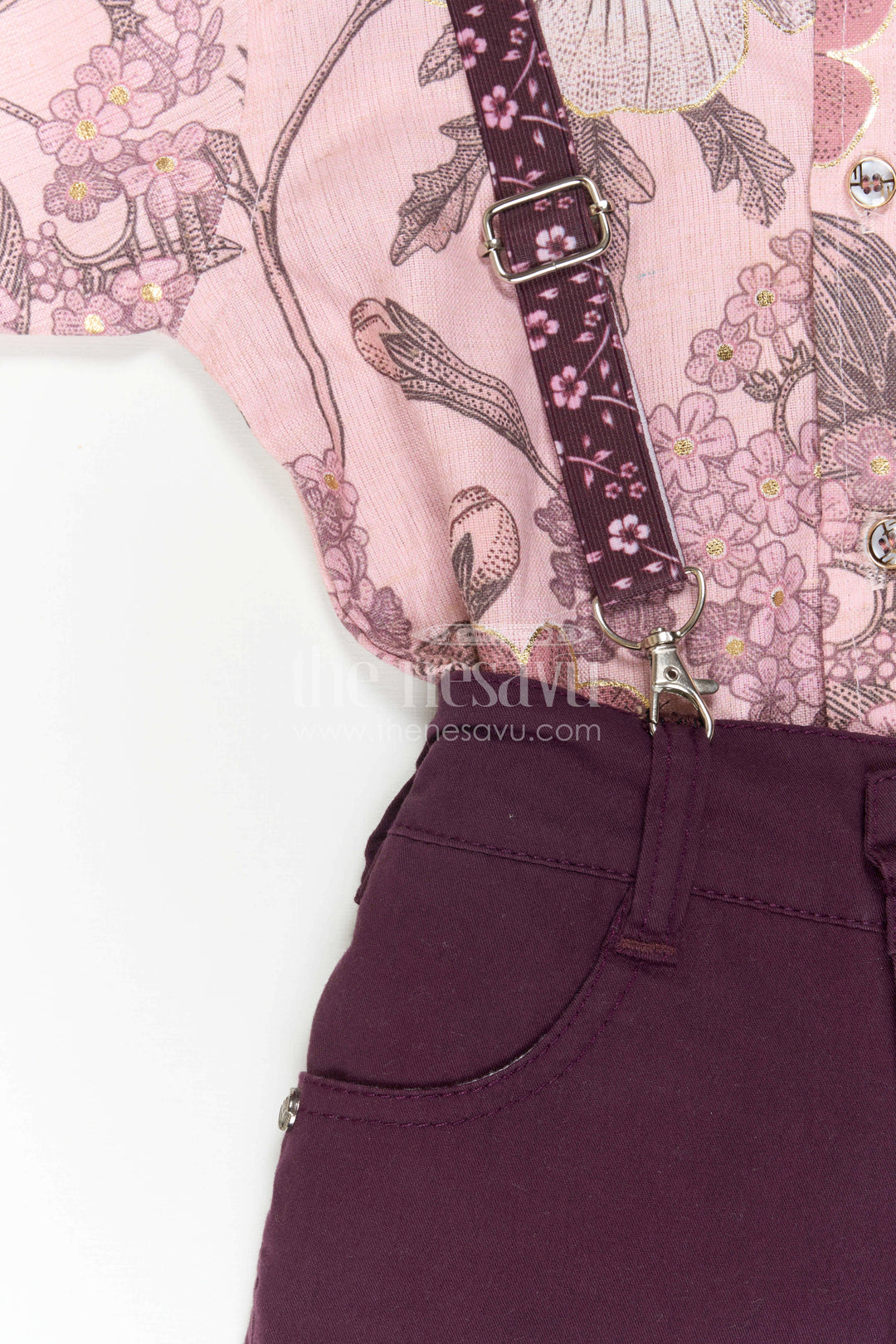 Boys Floral Digital Print Shirt with Shorts and Suspenders for Celebrations