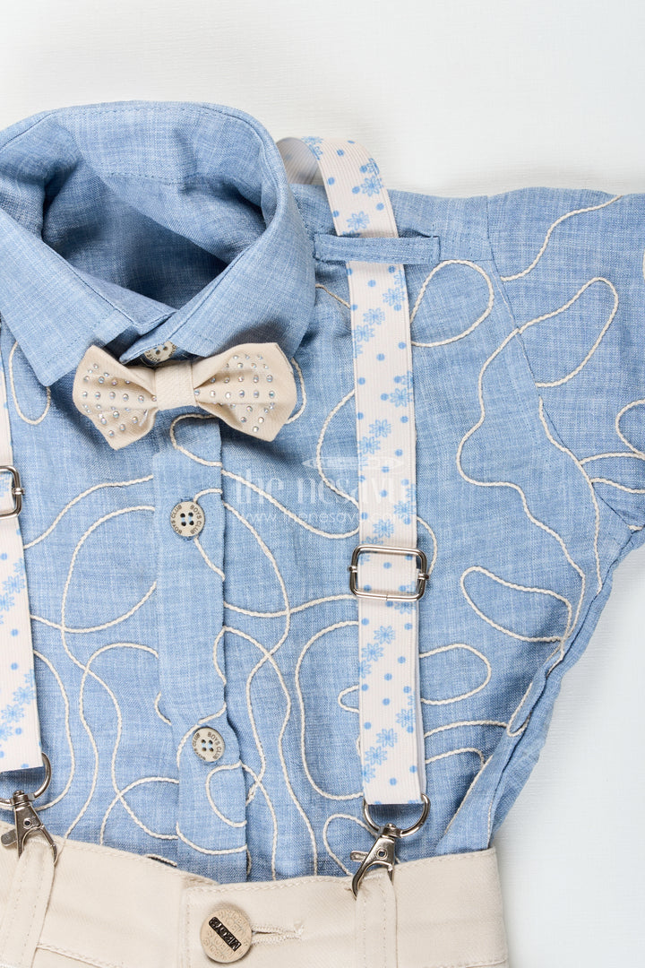 Boys suspender outfit with embroidery and bow tie for birthday parties