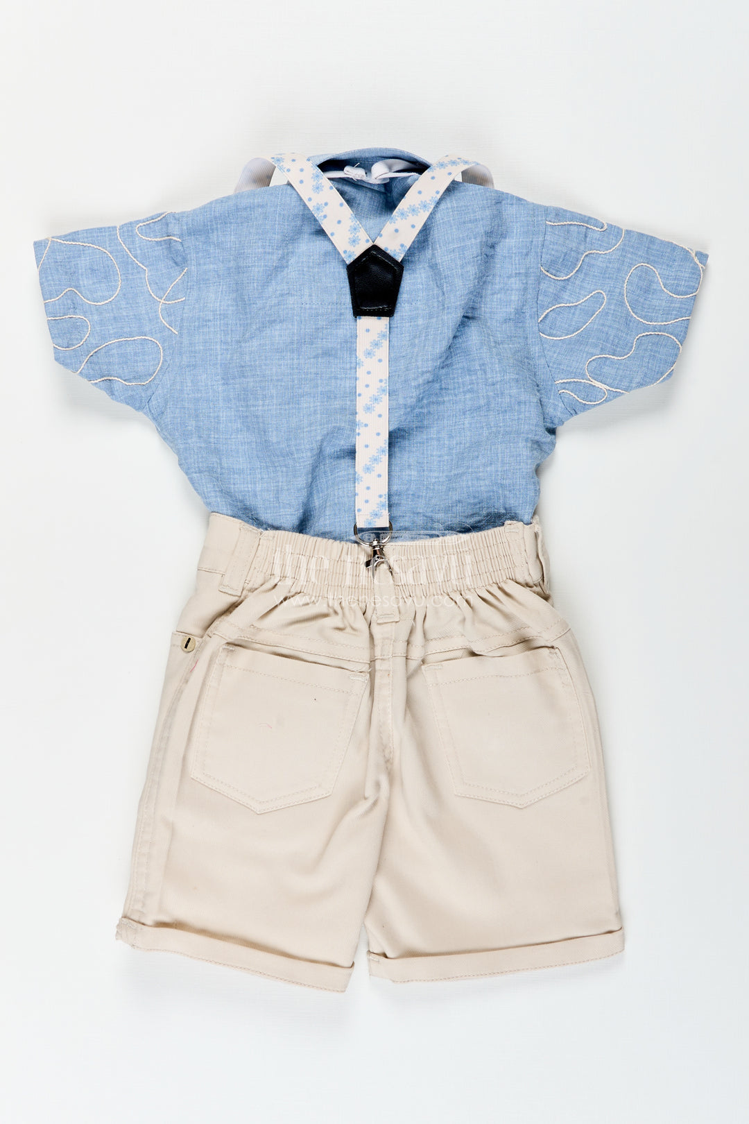 Boys suspender outfit with embroidery and bow tie for birthday parties