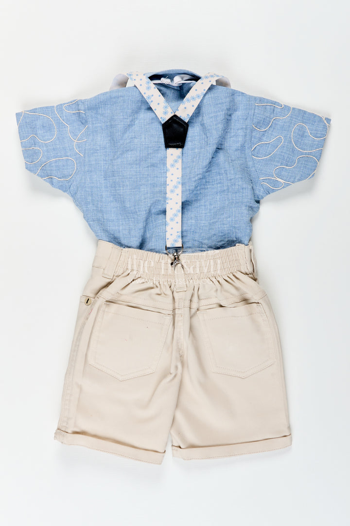 Boys suspender outfit with embroidery and bow tie for birthday parties