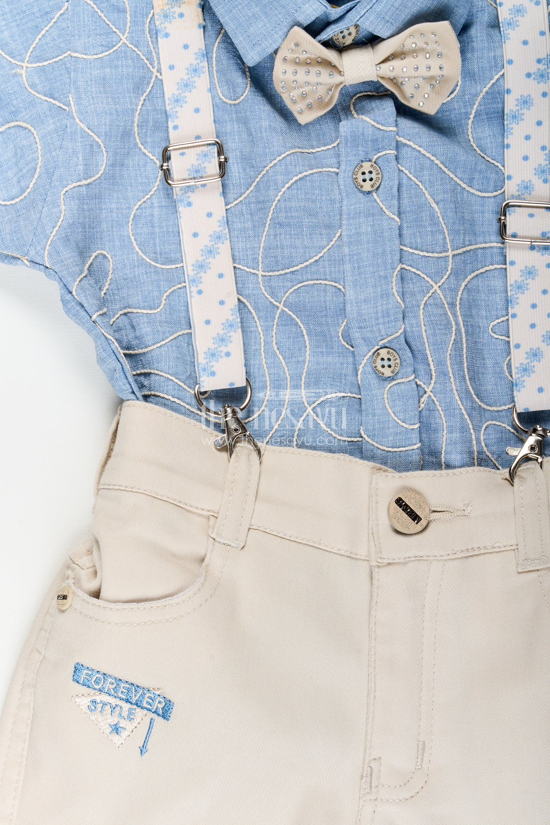 Boys suspender outfit with embroidery and bow tie for birthday parties