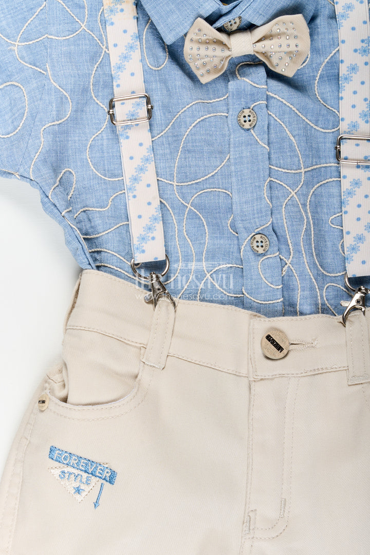 Boys suspender outfit with embroidery and bow tie for birthday parties
