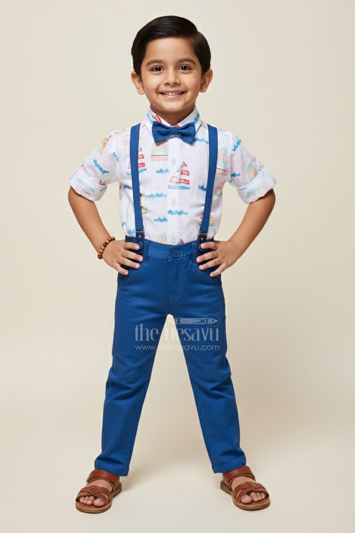 Boys Printed Cotton Shirt and Pant Set with Suspenders for Casual Events