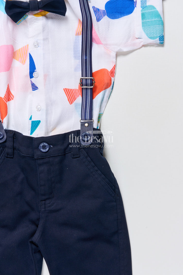Boys Playful Cotton Shirt and Pant Set with Suspenders and Bow Tie