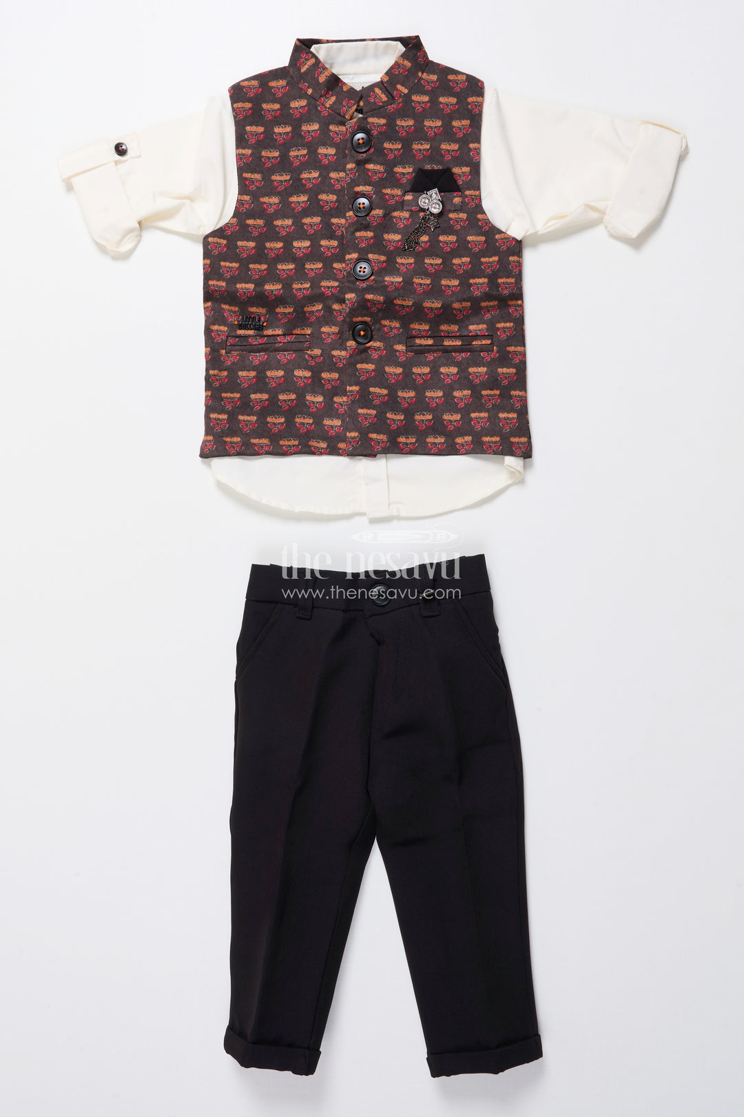 Boys Ethnic Outfit with Printed Nehru Jacket and Cotton Pants